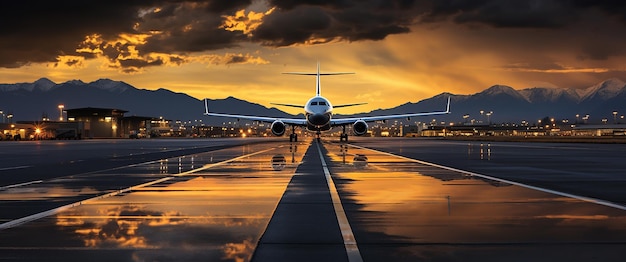 La pista d'atterraggio dell'aeroporto iconica nello stile della luce dorata