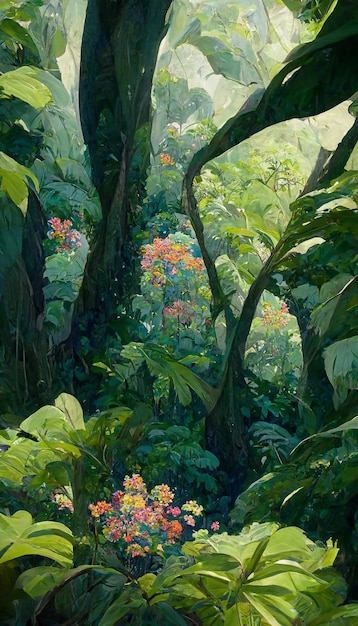 La pittura a olio del baldacchino della giungla grandi foglie fiorisce il rendering 3D dettagliato