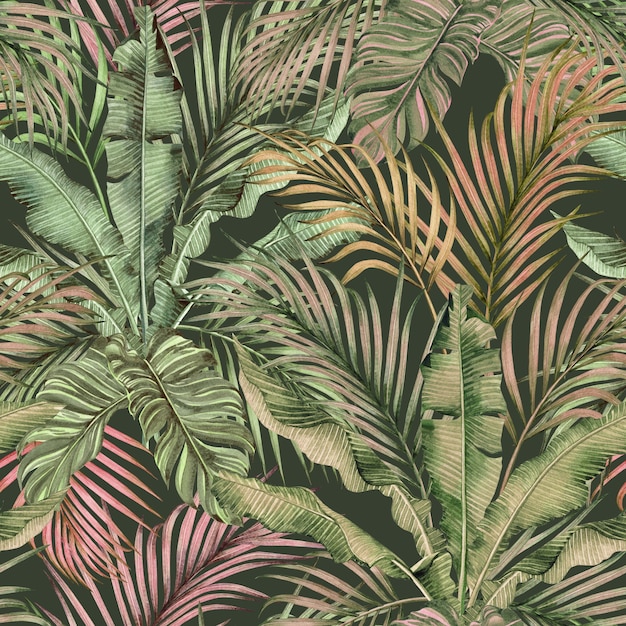 La pittura ad acquerello colorato tropicale foglie di palma seamless sfondo pattern.