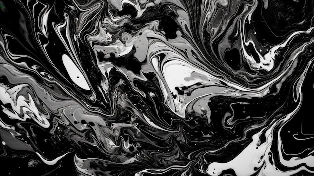 La pittura di sfondo acrilica contemporanea versa turbinii in bellissimi colori bianco e nero con particelle bianche AI generativa