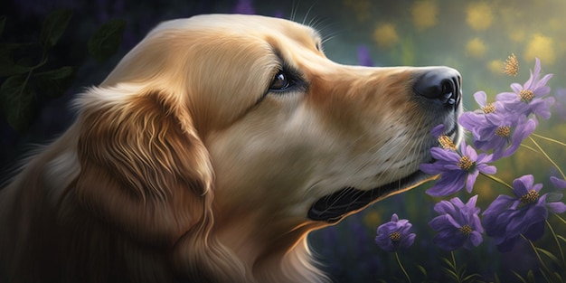 La pittura di un cane sta guardando il fiore nel campo generativo ai