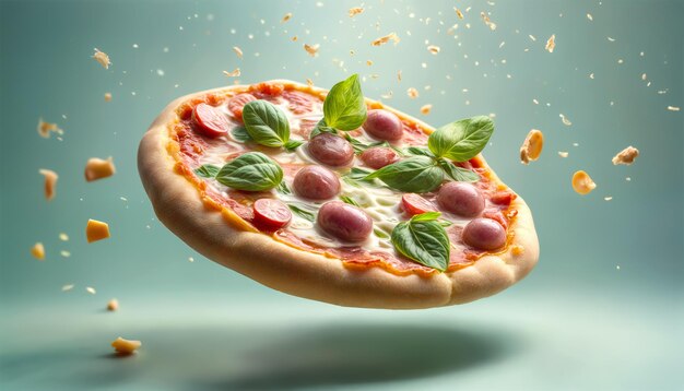 La pizza con salame, basilico e formaggio sta volando su uno sfondo verde con briciole