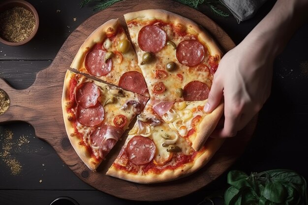 La pizza è deliziosa vista dall'alto La mano di un uomo prende una fetta di pizza