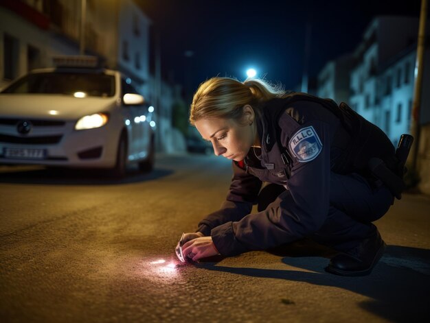 La poliziotta sta esaminando attentamente la scena del crimine alla ricerca di potenziali prove