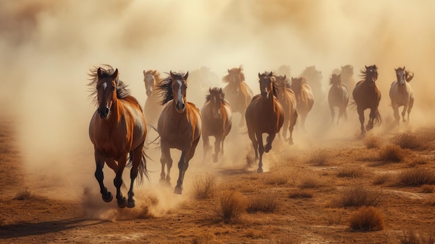 La polvere si solleva mentre un gregge di cavalli corre attraverso un arido terreno desertico