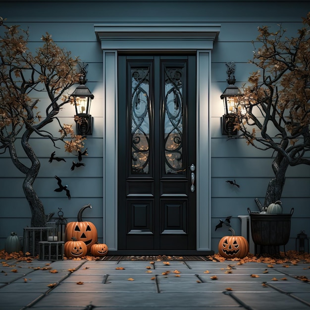 la porta d'ingresso decorata per Halloween con zucche e alberi nell'immagine in primo piano è un esempio che può essere utilizzato come