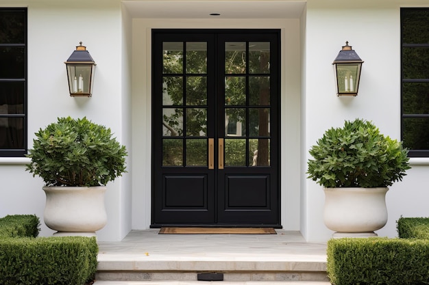 La porta d'ingresso della casa è dipinta di nero con una porta nera che dice "benvenuti a casa".