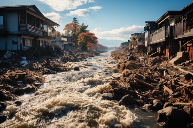 La potente forza dello tsunami che ha inghiottito le zone costiere e ha devastato gli edifici