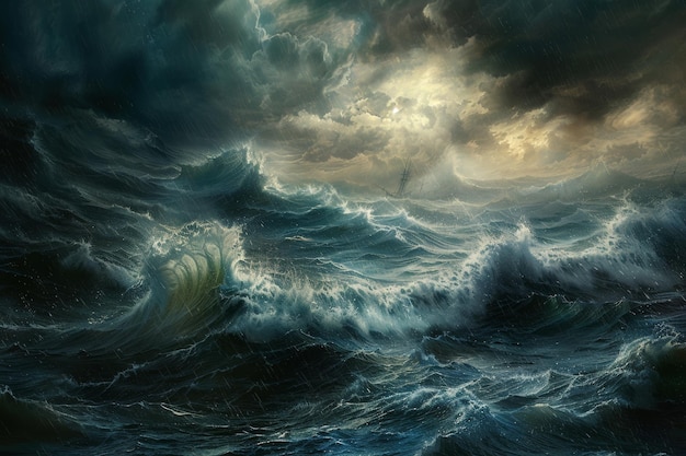 la potenza e la bellezza del tempo marino tempestoso con le onde drammatiche che si schiantano contro la riva