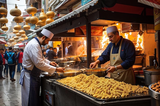 La preparazione del cibo di strada a Istanbul, mais di tacchino e caldarroste per strada nel chiosco