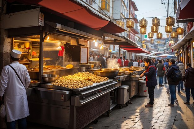 La preparazione del cibo di strada a Istanbul mais di tacchino e castagne arrostite in strada in un chiosco