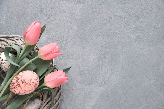 La primavera o il fondo di Pasqua con i tulipani rosa e le uova di Pasqua in wattle suonano su calcestruzzo grigio