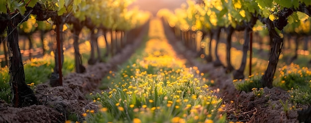 La primavera ringiovanisce un pittoresco vigneto mentre le viti scoppiano di vita adornate da foglie teneri e promettenti grappoli di uva Concept Nature Vineyard Spring Rejuvenation Grapes