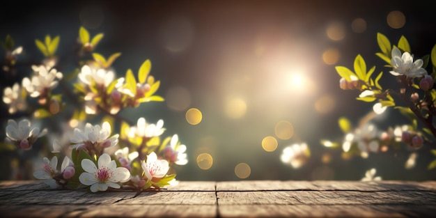 La primavera sboccia sul tavolo di legno in giardino con luci Bokeh e effetto bagliore senza sfocatura dello spazio della copia