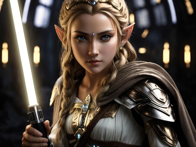 la principessa zelda con in mano una spada laser