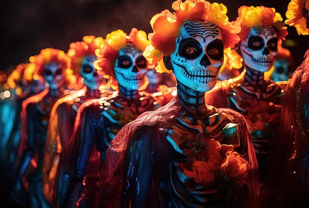 la processione degli scheletri nel giorno dei morti nello stile di ritratti luminosi