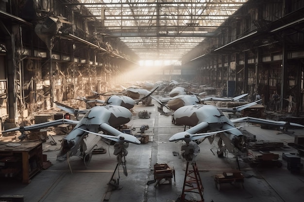 La produzione di fabbriche di droni militari con droni si allinea per l'IA generativa di guerra