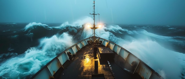 La prua della nave A39 attraversa le tumultuose onde oceaniche con il tempo tempestoso