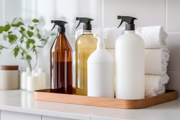 La pulizia della casa e la pulizia della casa con sapone liquido detergente per bottiglie spray e detergente nella casa di campagna inglese casa pulita