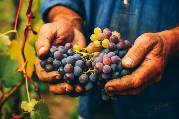 La raccolta delle uve con le mani dell'agricoltore e un raccolto abbondante