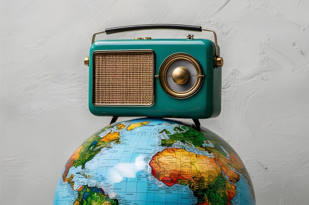 La radio verde d'epoca sul globo simboleggia la comunicazione globale sullo sfondo grigio chiaro