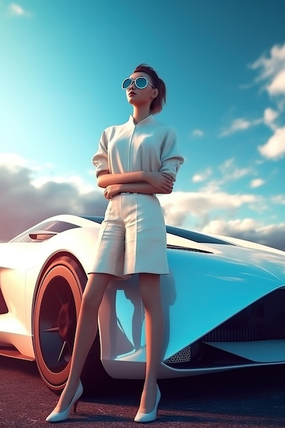 La ragazza adulta sta accanto alla giovane donna ricca sexy dell'automobile sportiva di lusso e all'intelligenza artificiale generativa del cielo