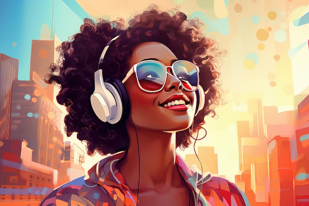 La ragazza afro emozionante sta ascoltando musica con le cuffie