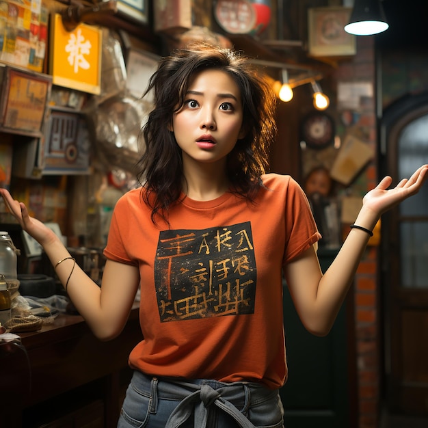 La ragazza asiatica frustrata che scrolla le spalle sembra infastidita e infastidita non riesce a capire smth in piedi in maglietta