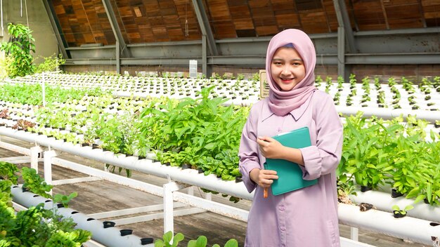 La ragazza asiatica registra lo sviluppo di verdure idroponiche