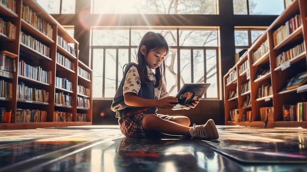 La ragazza asiatica sta studiando nella biblioteca della scuola Intelligenza artificiale