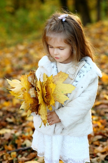 La ragazza cammina attraverso la foresta d'autunno