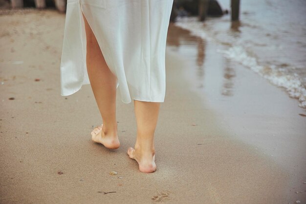 La ragazza cammina da sola in riva al mare.