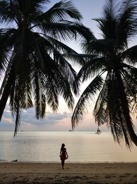 La ragazza cammina lungo la spiaggia in un vestito.