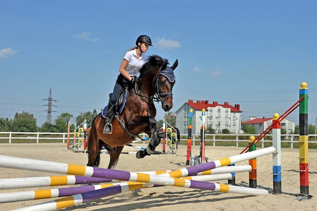 La ragazza che monta un cavallo salta sopra una barriera sulla formazione.