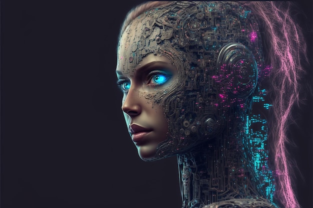 La ragazza cibernetica con intelligenza artificiale e cervello digitale sta imparando a elaborare i big data