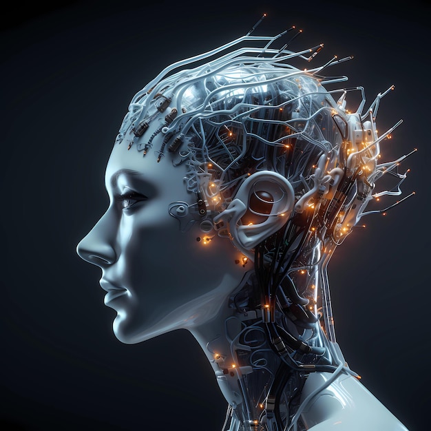 La ragazza cibernetica umanoide con una rete neutra pensa all'IA generativa