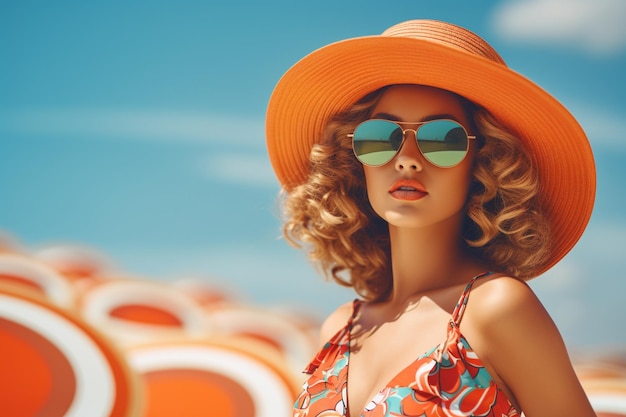 La ragazza con gli occhiali da sole, il cappello e il costume da bagno si diverte con il concetto di sole estivo.