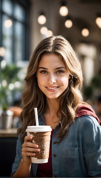 La ragazza con il caffè un bicchiere di caffè con una cannuccia una foto in un caffé con una ragazza