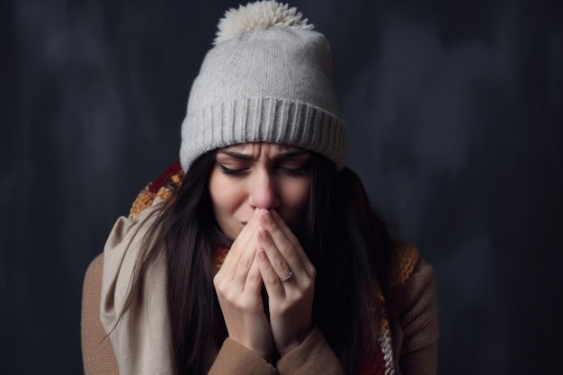 La ragazza con il cappello starnutisce i sintomi della malattia