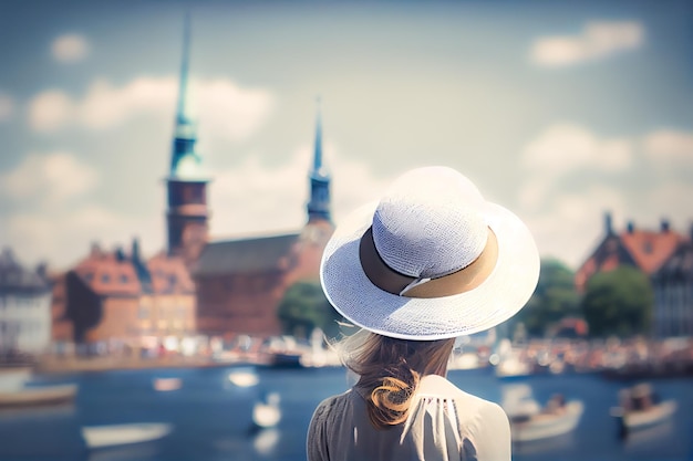 La ragazza con un cappello bianco ammira Copenhagen Generative AI Generative AI