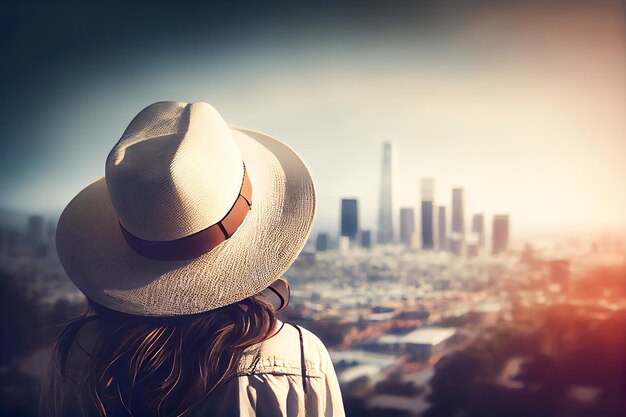 La ragazza con un cappello bianco ammira Los Angeles