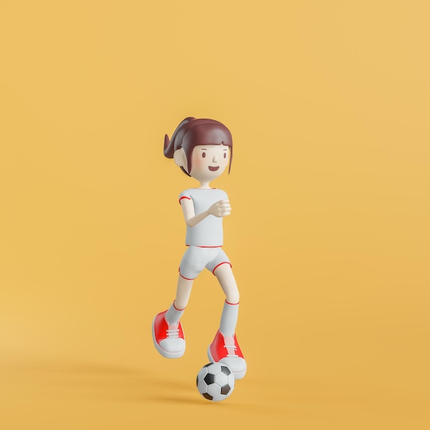 La ragazza del personaggio dei cartoni animati di calcio posa il rendering 3d