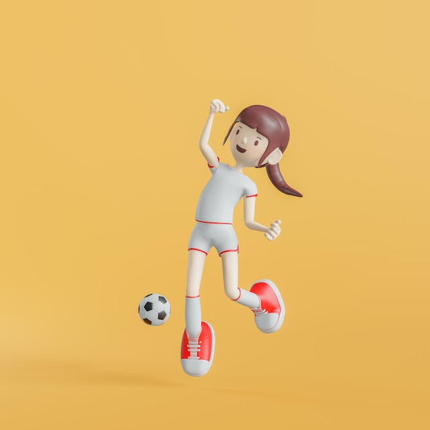 La ragazza del personaggio dei cartoni animati di calcio posa il rendering 3d