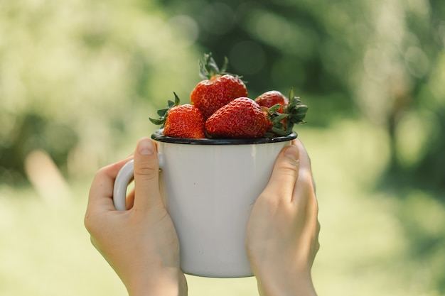 La ragazza dell'adolescente tiene in mano una gustosa fragola brillante matura in una tazza di cibo vitaminico estivo ma...