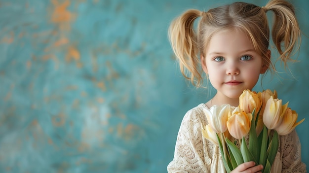 La ragazza dell'eleganza primaverile con i tulipani gialli