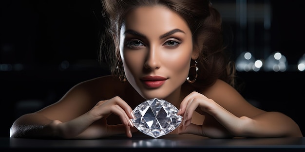 La ragazza di bellezza tiene in mano un grande diamante sdraiato sul tavolo