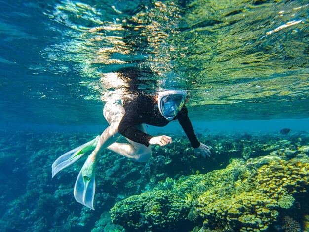 La ragazza è impegnata nello snorkeling nel mare. ragazza mascherata nuota sott'acqua.