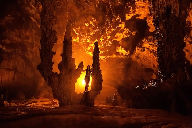 La ragazza è una turista in una grotta primordiale: Pearl Clams. Vietnam