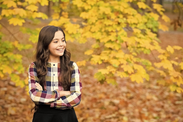 La ragazza felice con i capelli lunghi gode dell'autunno della natura di caduta