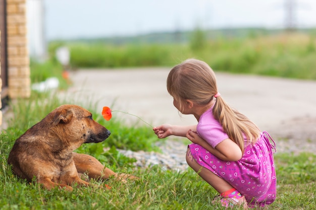 La ragazza felice mostra il fiore rosso ad un cane